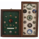 Buttons - two small framed displays, one of seventeen examples featuring cats including four Essex