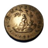 A copper lace token 1795, one side with a lady lace maker under a tree and 'Lace Manufactory 1795'