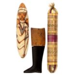 Three needle cases, comprising a wooden example in the form of a huntsman's boot, 6.5cm, a split and