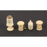 A mixed lot - sewing, four 19th Century ivory pieces comprising a burnt circle barrel form tape