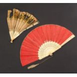 A 19th Century fan and another damaged, the first with pierced bone sequin decorated sticks and
