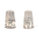 Two French silver fable thimbles, 'The broken pitcher' stamped 'France', and another 'la Ronde'