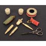 A mixed lot - sewing, comprising a good 19th Century ivory tape measure of acorn form with floral