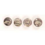Four 19th Century hare coursing buttons, each of circular dished dark mother of pearl, two mounted