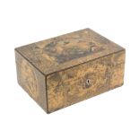 An unusual Victorian print and scrap decorated decoupage sewing box, of rectangular form, the lid