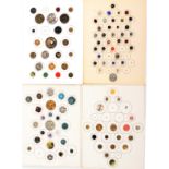 Buttons - four carded displays, comprising a card of nineteen featuring birds, largest 2.7cm,