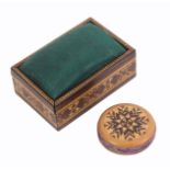 Tunbridge ware - two pieces, comprising a rosewood geometric mosaic rectangular box with sliding lid