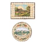 A Victorian shell work pin cushion and a needle book both 'A Present From The Crystal Palace', the