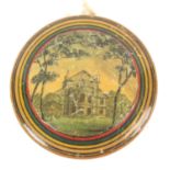 A rare circular paint and print decorated early Tunbridge ware pin cushion, of circular form one