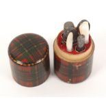 A Tartan ware (M'Lean) cylinder form sewing companion, the interior with needle drawer thimble