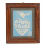 A cut paper valentine named 'Caroline Ford 1820', within a heart with two figures in an arbour