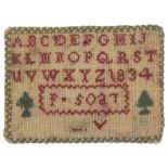 A sampler form pin card, worked to both sides, one with a butterfly and inscribed 'Presented by F.