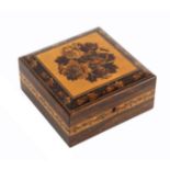 A Tunbridge ware rosewood box of square form, the sides with a band of geometric mosaic, the cushion