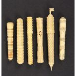 Six various 19th Century bone and ivory cylinder form needle and bodkin cases, largest 12.5cm. (6)