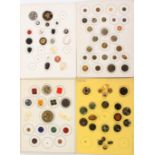 Buttons - four carded displays, comprising a card of seventeen novelty buttons including a brass '