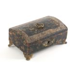 A Regency paper covered sewing box for a child, of rectangular form, the domed lid with a basket