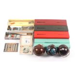 Knitting needle boxes, balls, winders and a counter, comprising three 'Bex' variant coloured