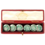 Buttons - a cased set of six green enamel silver buttons with leaf scroll and trellis design, each