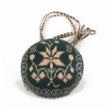 A fine late 18th/early 19th Century knitted pin ball in near mint condition, the green ground worked