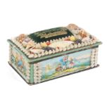 A shell decorated Victorian cardboard sewing box 'A Present From the Crystal Palace', of rectangular