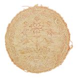 A rare late 18th Century whitework circular watch case sampler, stitched onto a pink paper square