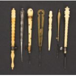 Seven tambour and crochet hooks, comprising a 19th Century ivory three section example with steel