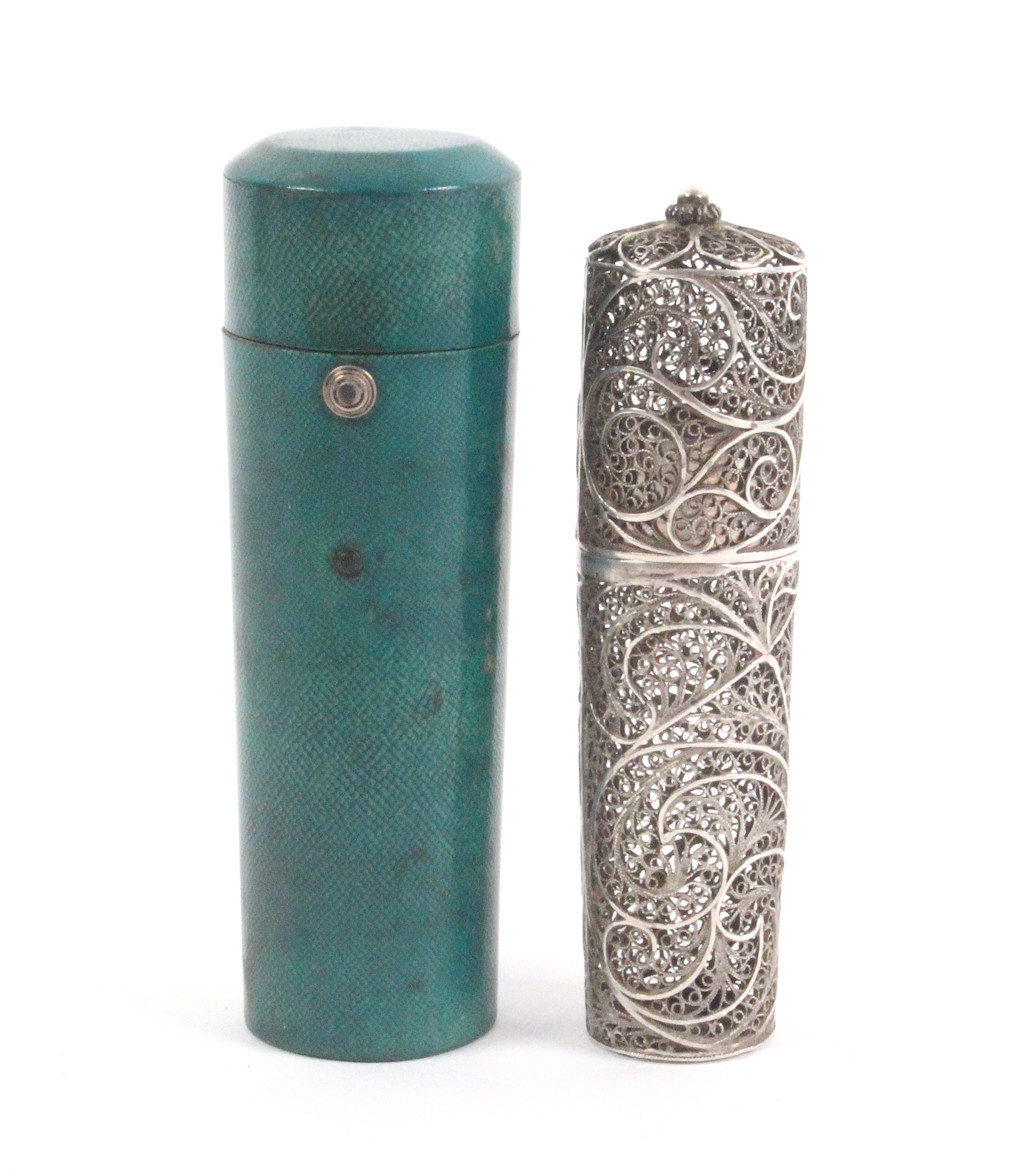 A fine silver filigree bodkin case contained in its original green shagreen case, the cylinder