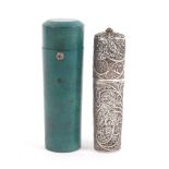 A fine silver filigree bodkin case contained in its original green shagreen case, the cylinder