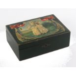 A late 19th Century green paper covered rectangular sewing box for a child, the lid with a print