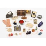 Miniature items probably for dolls, comprising three leather shoes, 6, 5.5 and 3cm., two wire mesh