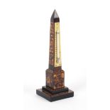 A Tunbridge ware obelisk form desk thermometer, the stepped base in geometric mosaic the plinth with