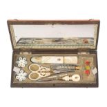 A Palais Royal satinwood small format sewing box, the concave front with mother of pearl