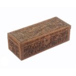 A 19th Century Chinese sandal wood rectangular box, carved to all surfaces with figures, pagodas,