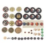 Buttons - four card displays and loose examples of Art Deco celluloid and similar buttons comprising
