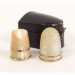 Two 19th Century mother of pearl thimbles, comprising a Palais Royal example cracked and lacking