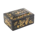 A small early 19th Century continental floral decorated black ground box, of rectangular form
