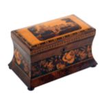 A good walnut Tunbridge ware tea caddy, the convex sides with a broad band of floral mosaic with a