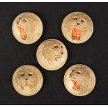 A set of five late 19th Century Japanese domed ivory buttons, each carved with a lion's head with