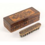 A Tunbridge ware box and a brush, both damaged, the rectangular rosewood box with a broad band of