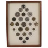 Buttons - a framed display of twenty five, mostly cut steel, including an enamel and paste set