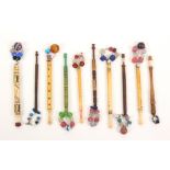 Ten lace bobbins, comprising a double mother and babe with replacement sealing wax end, 9cm, a