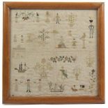 An unusual early 19th Century sampler on linen, with numerous figures including an officer with