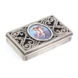 An enamel mounted white metal rectangular box, the lid centred by an oval plaque of two cherubs