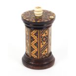 A rosewood Tunbridge ware 'go to bed', the turned base to a geometric mosaic octagonal body, the top