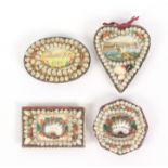 Three Victorian shell and lithograph decorated pin cushions and a needle book, comprising an oval