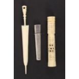 Three needle cases, comprising a bone example in the form of a furled umbrella, 11cm, a pierced bone