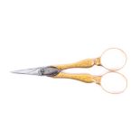 A pair of French gold mounted scissors, steel blades to baluster gold arms decorated with leaf