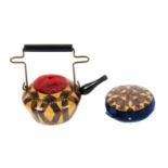 Tunbridge ware - two pieces, comprising a good stick ware teapot pin cushion the brass wire handle