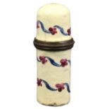 A late 18th Century English enamel cylinder form needle case with thimble top, the cream ground