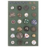 Buttons - a card display of thirty two 19th Century and later buttons including twenty two enamels